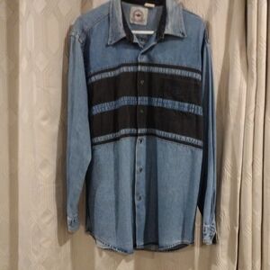 Vintage Midwest Garment Co Men's Denim Button Down Shirt - Blue and Black XL